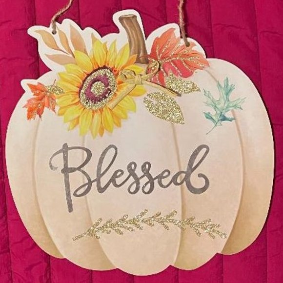 BRAND NEW NWT~ BLESSED PUMPKIN FALL HANGING SIGN DECORATION GLITTER SUNFLOWER - Picture 2 of 4